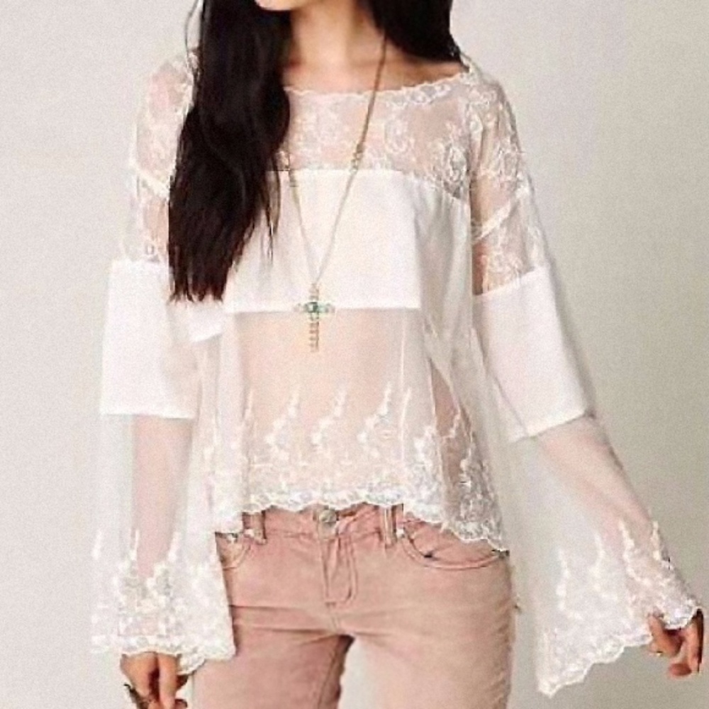 Free People Medium White Lace Long Sleeve Blouse